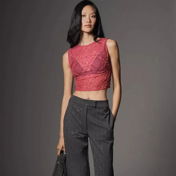 Anthropologie Sequin Lace Backless PInk Crop Top Size: XS - Picture 6 of 10